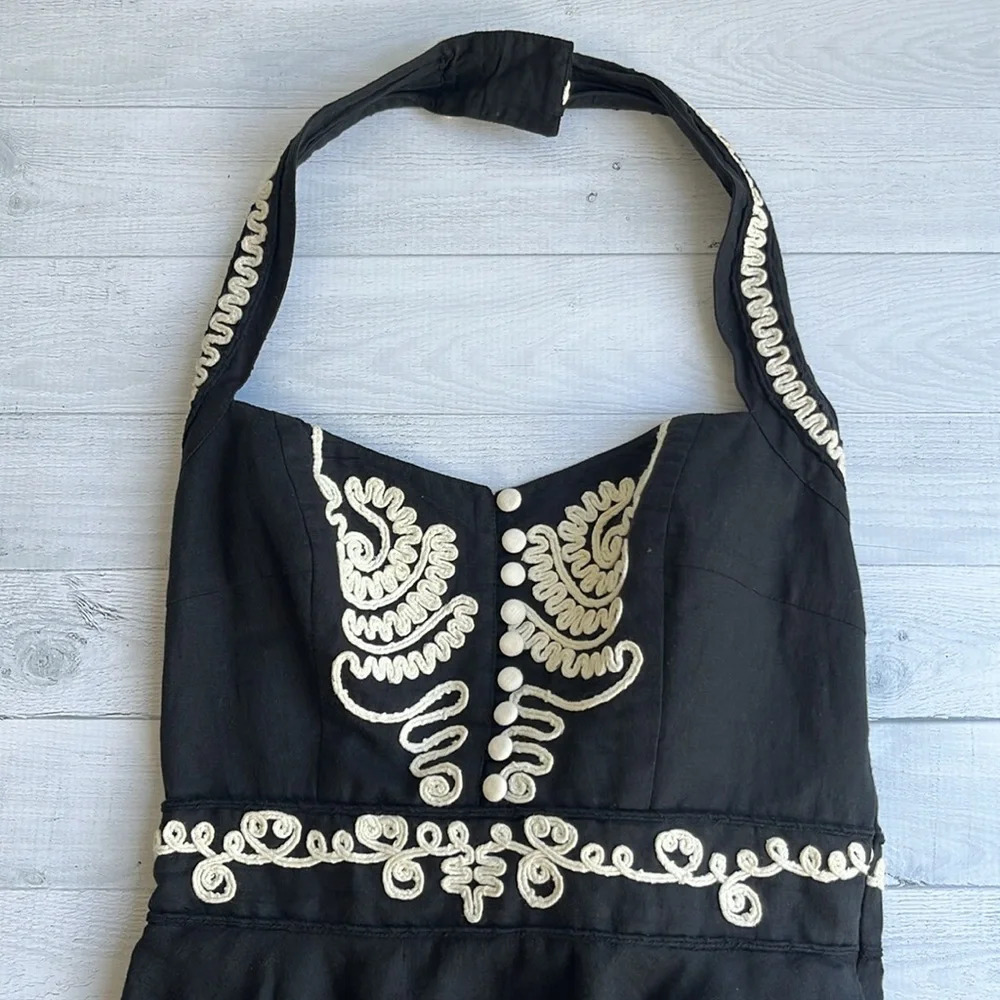 French Connection Black Ivory Linen Blend Embroidered Sweetheart Halter Dress 6 - Picture 8 of 9